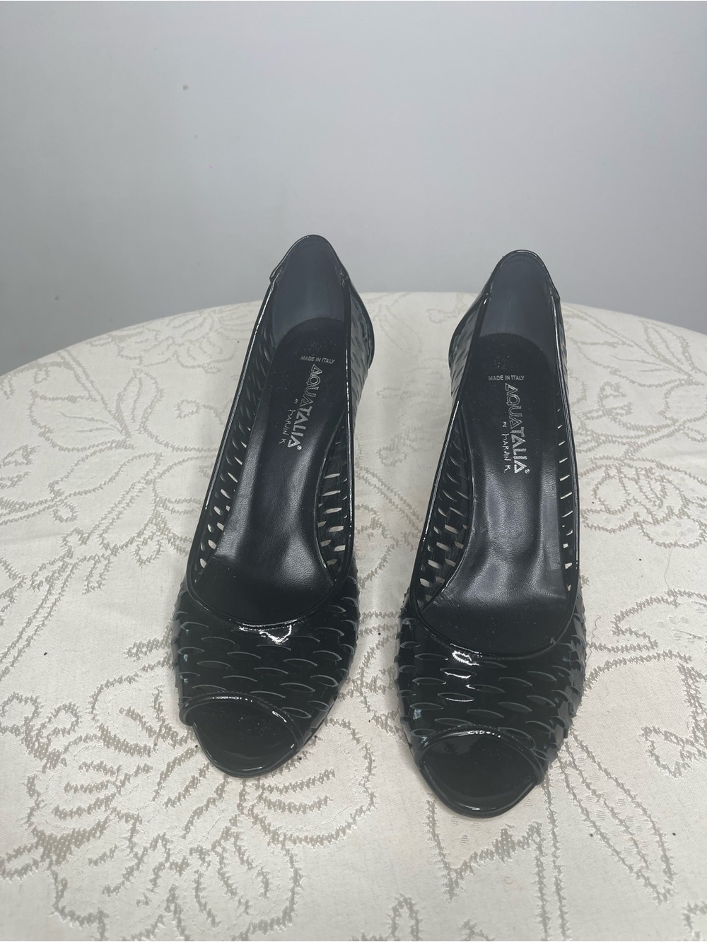 Aquatalia Black Patent Peep-Toe Heels